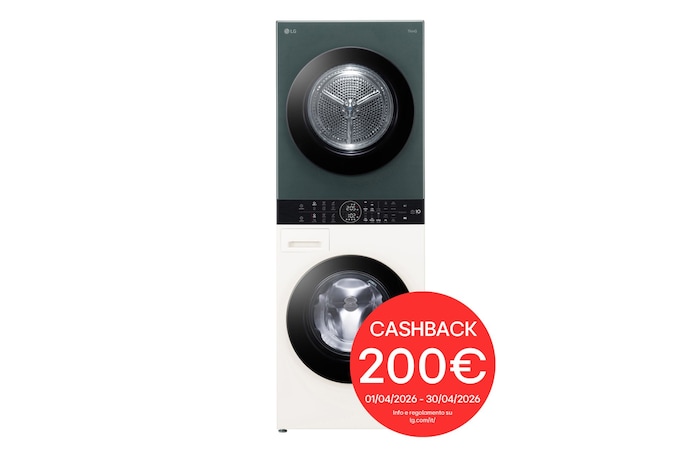 Foto frontale della washtower LG WT1210EGF con bollo cashback